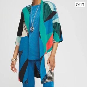Chico’s Colorblock Geometric Open Front Cardigan | Lightweight Duster | Size 2
